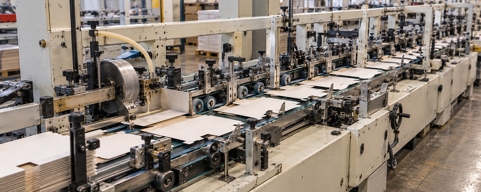 Solid board cartons running through a straight-line gluing machine